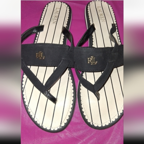 Ralph Lauren Black Sandals with White Stripes - Picture 2 of 5